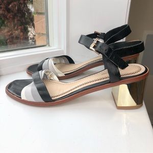 Pour La Victoire Black Gray White Leather Sandals Gold Metallic Mirrored Heel 9